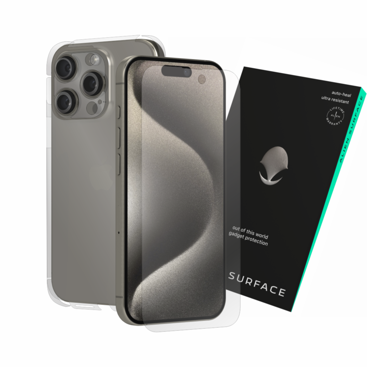 Védőfólia, kompatibilis az Apple iPhone 15 Pro készülékkel, védi a képernyőt, hátoldalt és oldalakat, Alien Surface