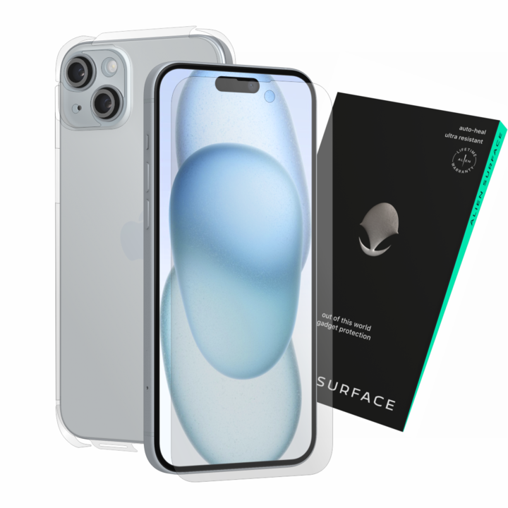 Védőfólia, kompatibilis az Apple iPhone 15 Plus készülékkel, védi a képernyőt, hátoldalt és oldalakat, Alien Surface