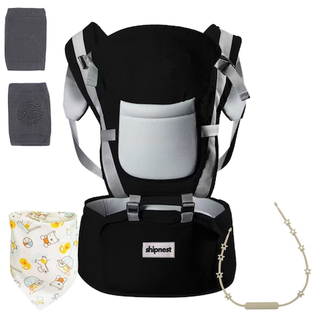 Marsupiu Ergonomic ShipNest™, 100% Bumbac, 4 Pozitii de Purtare, Suport Lombar, Buzunar Depozitare, 0-25 kg, Baveta, Genunchere Bebelusi si Lant Sustinere Suzeta incluse