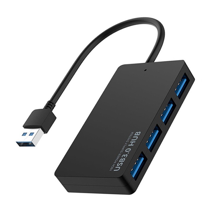 Techstar® HUBA0402 4 portos USB hub, 4 x USB 3.0, nagy sebességű adatátvitel 5 Gbps, fekete