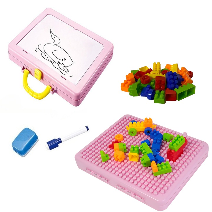 Tabla de scris multifunctionala, 2 in 1, Cu doua fete, Cu bloc de constructie, Spatiu propriu de depozitare, Tip gentuta, Dimensiuni 26 x 21 x 4.5 cm, Roz