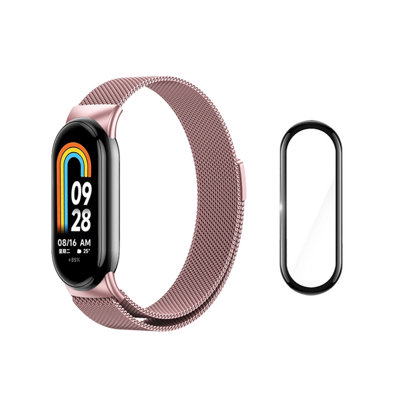 Curea Bratara Fitness compatibil Xiaomi Mi Band 8, Metal, Folie de protectie 3D, roz