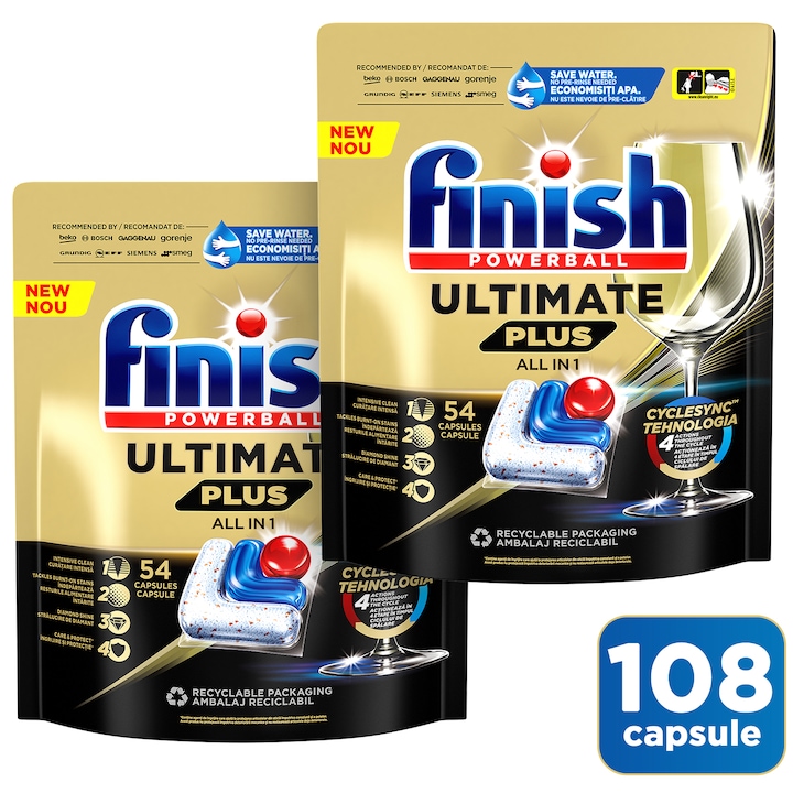 Комплект капсули за съдомиялна Finish Ultimate Plus, 2 x 54 броя, 108 измивания