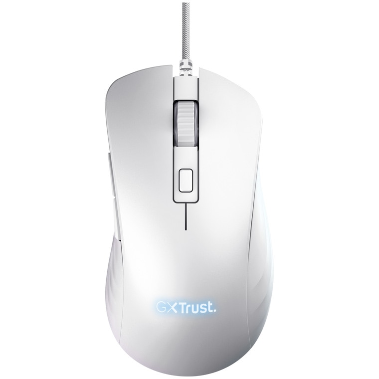 Mouse gaming cu fir Trust GXT924 Ybar+, 25.000 DPI, Full RGB, IPS 400, 6 butoane programabile, alb