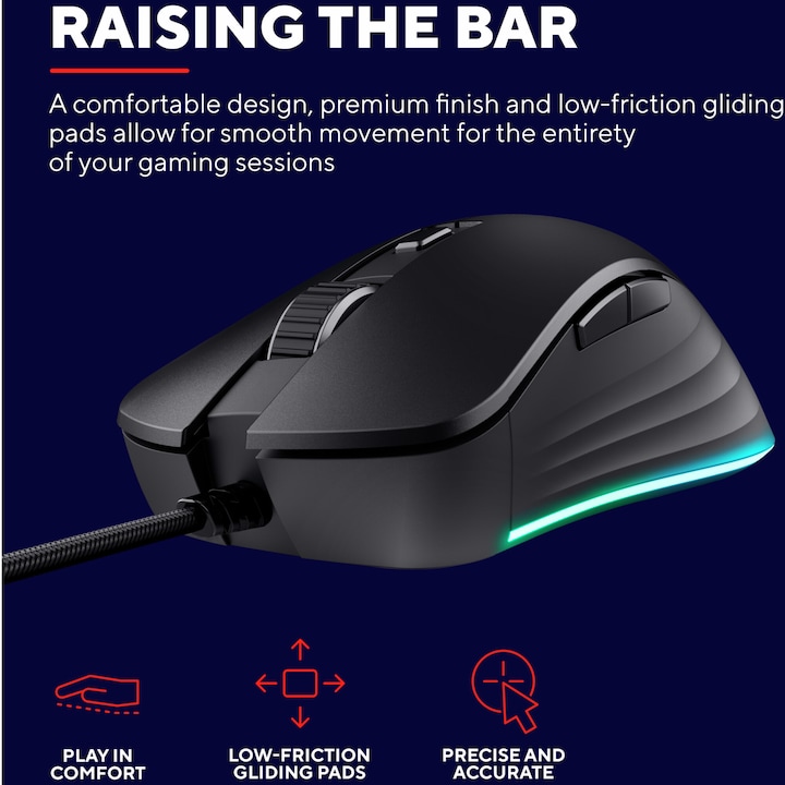 Mouse gaming cu fir Trust GXT924 Ybar+, 25.000 DPI, Full RGB, IPS 400, 6 butoane programabile, negru