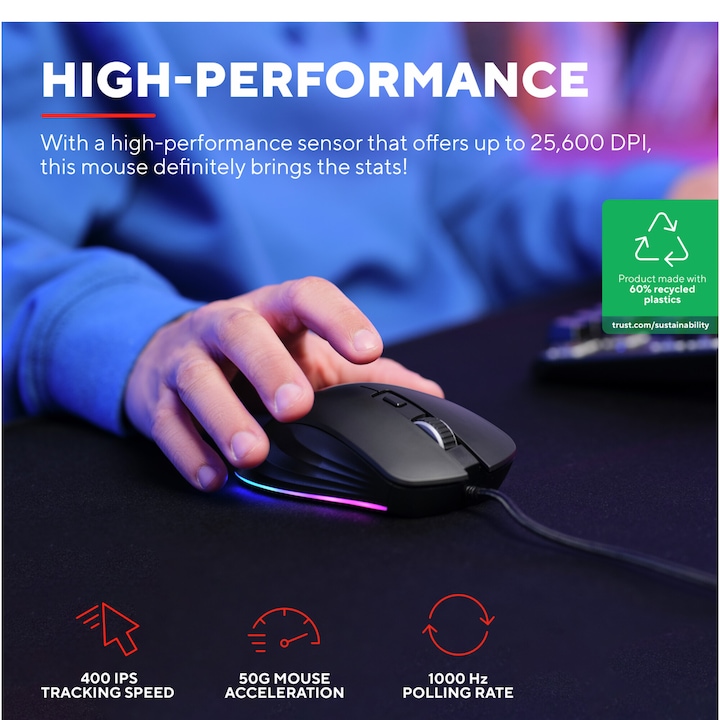 Mouse gaming cu fir Trust GXT924 Ybar+, 25.000 DPI, Full RGB, IPS 400, 6 butoane programabile, negru