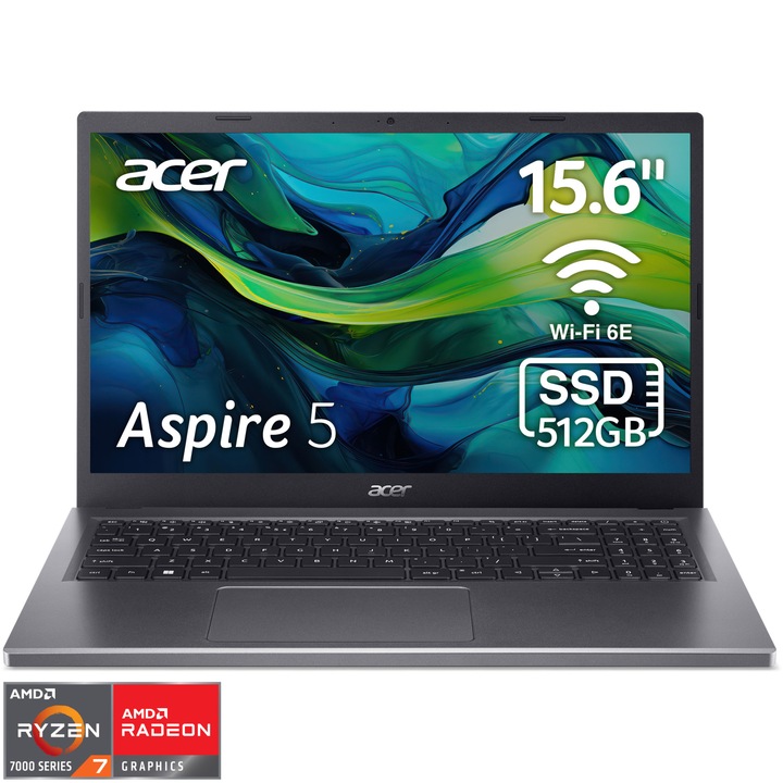 Лаптоп Acer Aspire 5 A515-48M-R20F, AMD Ryzen™ 7 7730U, 15.6", Full HD, IPS, 8GB, 512GB SSD, AMD Radeon™ Graphics, No OS, Steel Gray
