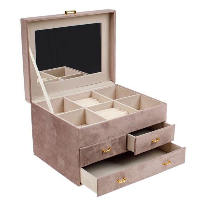 Cutie de bijuterii, din catifea, roz, Antulu®, cu 3 sertare, 25 x 19 x16cm