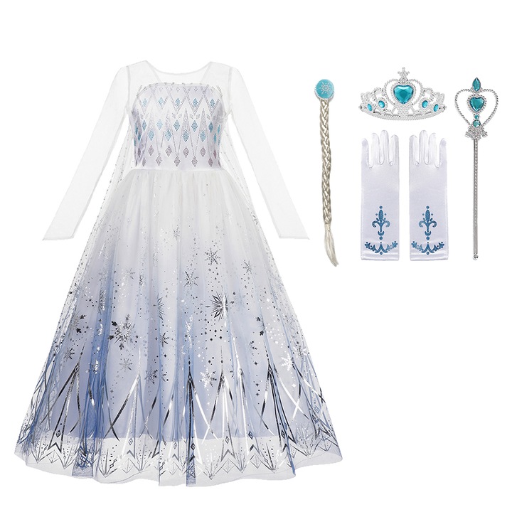 Costumatie carnaval fete Elsa Frozen, cu manusi, coronita, bagheta, codita, alb, 3-4 ani