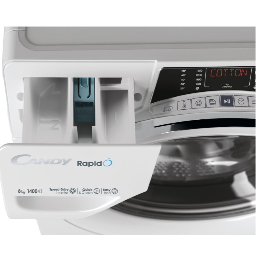 Masina de spalat rufe Candy Rapid'O RO 1486DWMCT/1-S, 8 kg, 1400 RPM, Clasa A, Steam, Motor Speed Drive Inverter, Conectivitate Wi-Fi/hOn app, Quick&Clean Technology, Alb