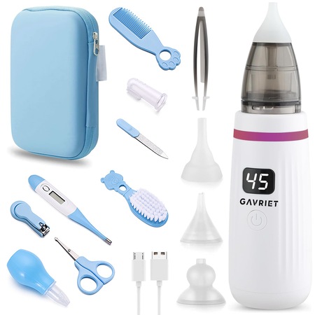 Aspirator Nazal Electric Gavriet™ pentru Copii si Bebelusi, Silentios, Baterie Reincarcabila, Putere Aspirare 65 kPa, 5 Viteze, Cablu USB, 3 Capete de Silicon, Termometru, Geanta de Voiaj, Pipeta si Trusa Completa, 14 Accesorii Incluse
