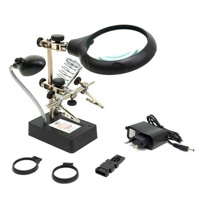 Lampa LED, HBM, de lucru, cu lupa si brate metalice ajutatoare pentru lipit