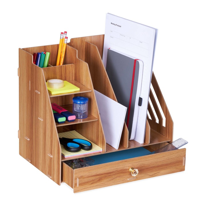 Organizator de birou, cu 3 compartimente, 3 rafturi verticale, 2 suporturi pentru creioane, 1 sertar, MDF, maro inchis, 30 x 33 x 24 cm