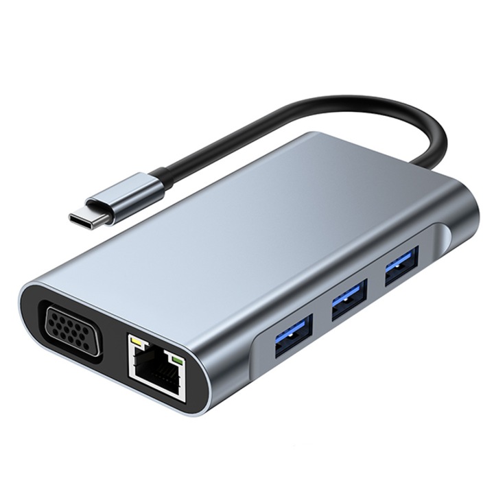 HUB 7 in 1 cu Mufa Type-C, 3 x USB 3.0,1 x RJ45 Gigabit, 1 x PD100W, 1 x HDMI 4k/30HZ, 1 VGA 1080/60HZ