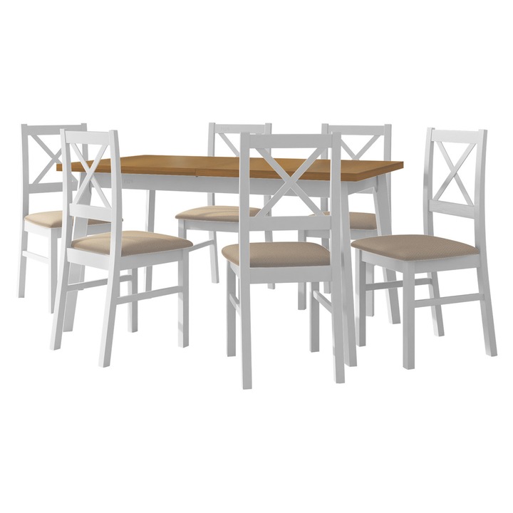 Set pentru bucatarie AL011 Masa extensibila Harry 80 x 140/180 V 6x Scaun Zefir X, MIRJAN24, stejar grandson / alb / bej