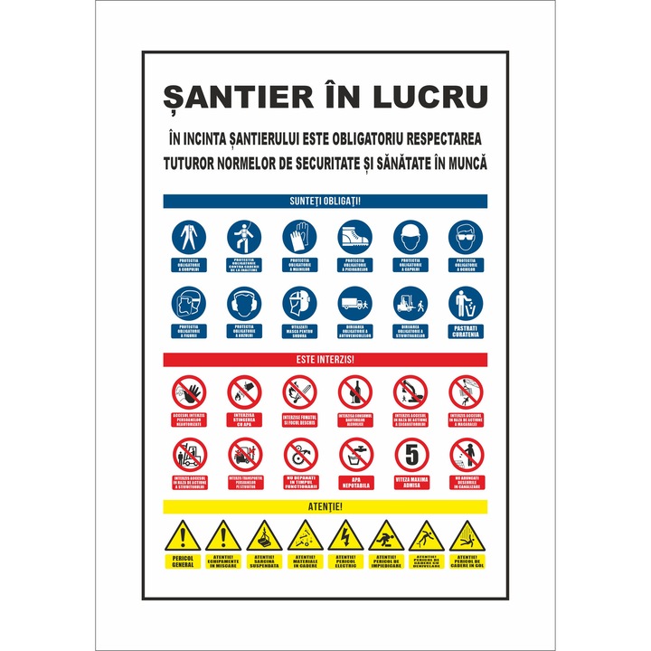 Panou SSM, Santier in lucru, 75 x 50 cm, banner cu capse