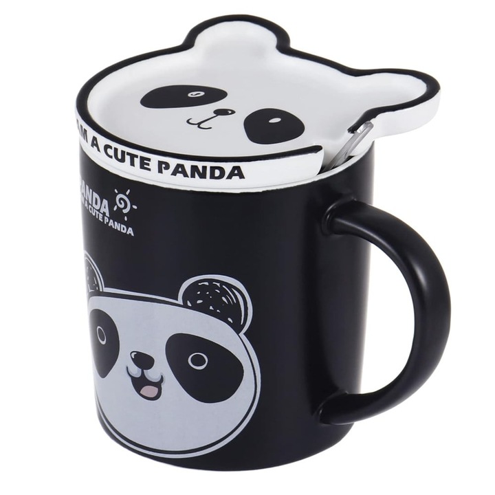 Cana cu capac din ceramica si lingurita Pufo Happy Panda pentru cafea sau ceai, 300 ml- adorabila si practica