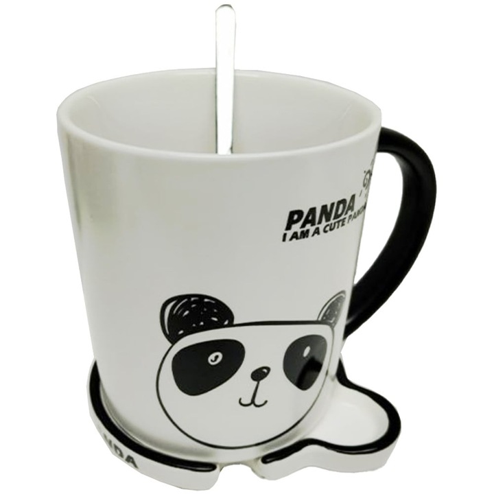 Cana cu capac din ceramica si lingurita Pufo Lonely Panda pentru cafea sau ceai, 300 ml- adorabila si practica