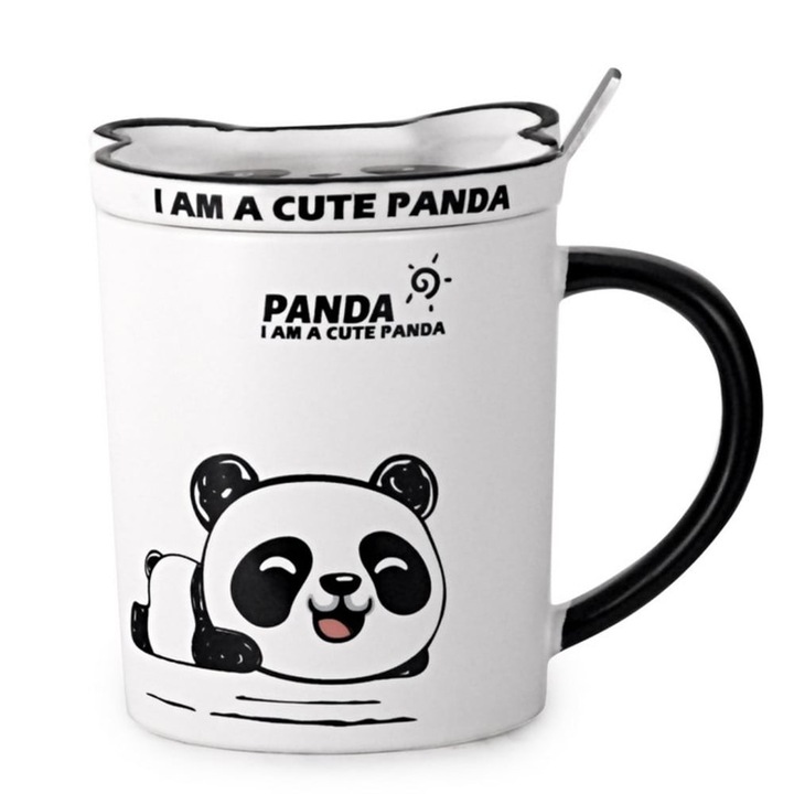 Cana cu capac din ceramica si lingurita Pufo Little Panda pentru cafea sau ceai, 300 ml- adorabila si practica