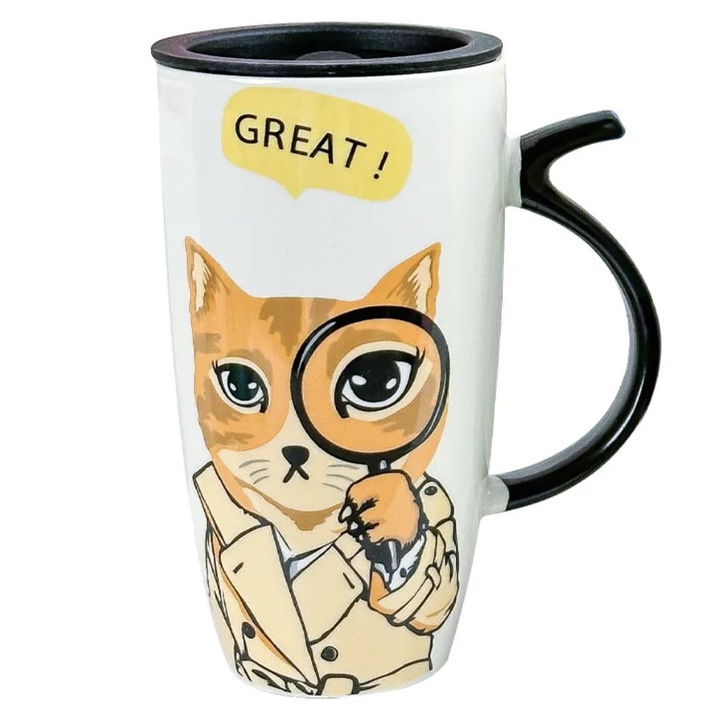Cana inalta din ceramica cu capac Pufo Detective, pentru cafea sau ceai, 450 ml- eleganta, practica si perfecta pentru birou