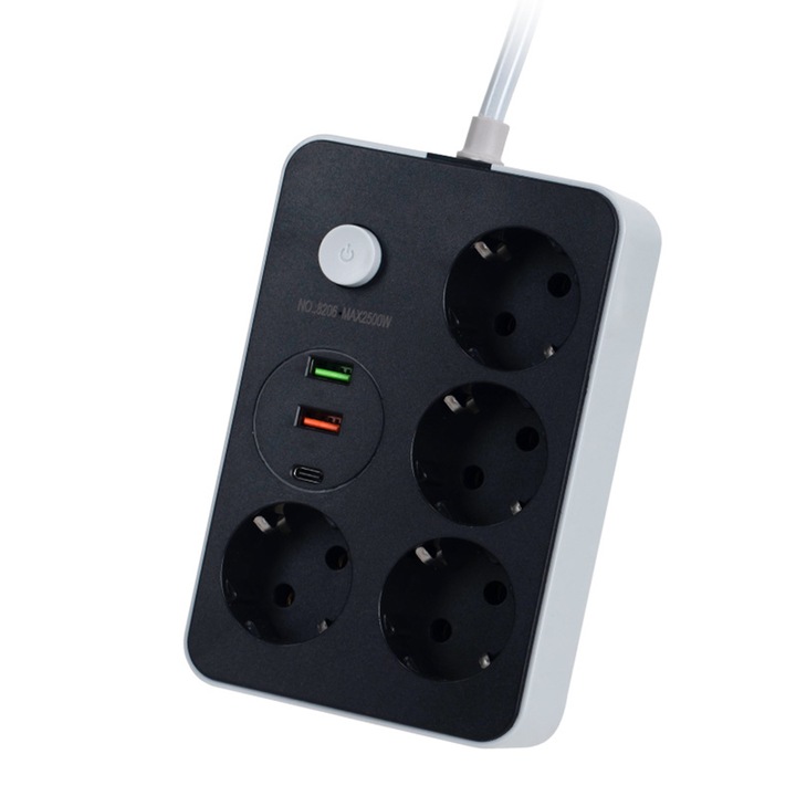 Hosszabbító iroda, NUODWELL, 4 aljzattal, 2 x USB és 1 PD, 2500W, 5V 2,1A, Kapcsolóval, Gyermekvédelem, Kábelhossz 2m, Otthonokba, üzletekbe, ABS, Fekete/Szürke