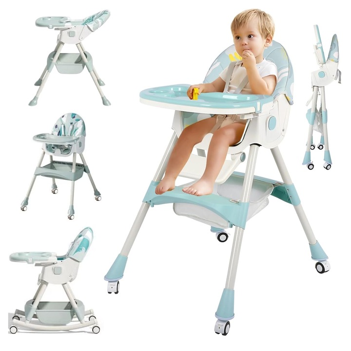 Scaun de Masa Pliabil cu Spatar reglabil KinderVIBE®, 6 Luni +, Multifunctional si Stabil, Tavita si Husa Detasabile si Lavabile, Roti, Centura de Siguranta 5 Puncte, Ajustabil pe Inaltime, Balansoar, Cos de Depozitare, Verde Mandala