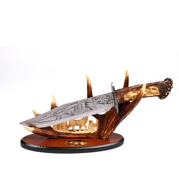 Cutit de Vanatoare Mare, Maner Imitatie de Coarne, cu Suport, Inox, 38 cm, JT7078-D