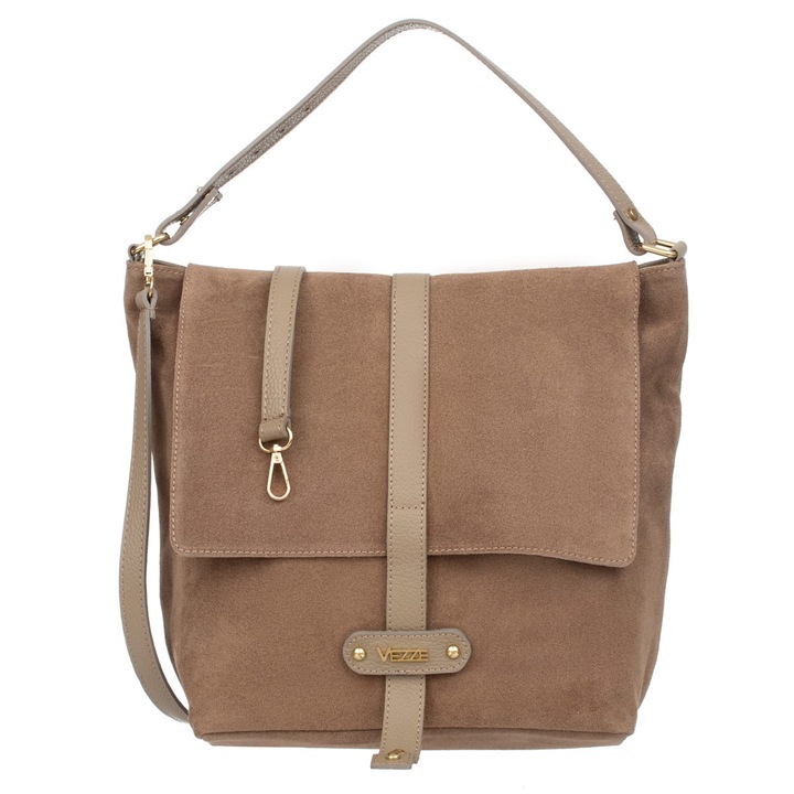 Дамска чанта, Vera Pelle, Велурена кожа, Бежова