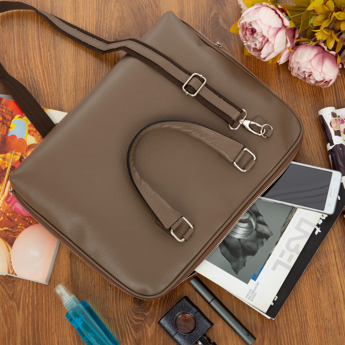 Geanta pentru laptop, Vera Pelle, Piele, 17.3", Maro