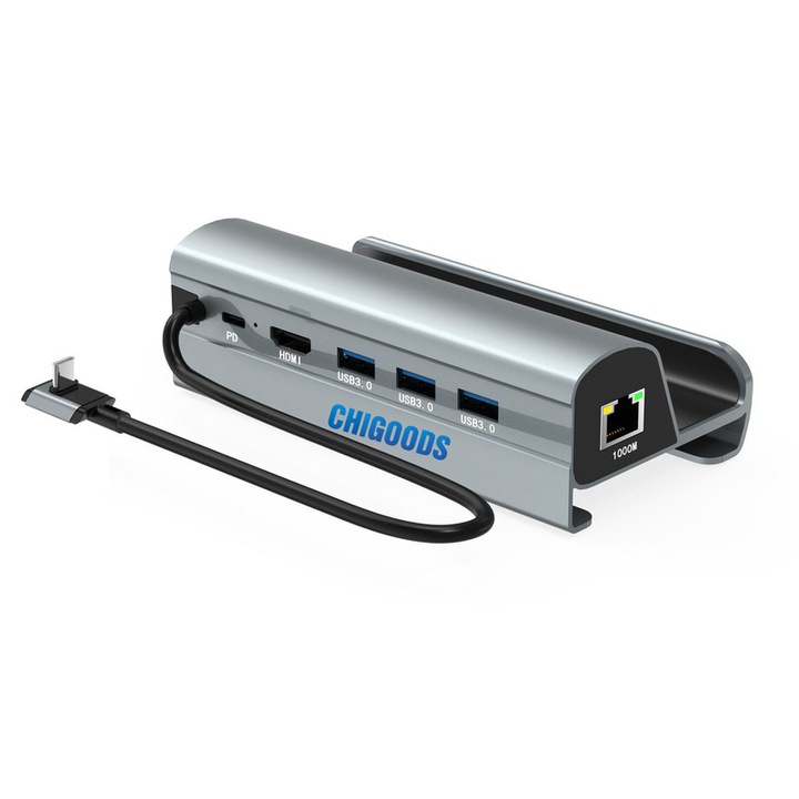 Хъб, Chigoods, за Steam Deck, USB 3.0/HDMI/Ethernet/PD, сребрист