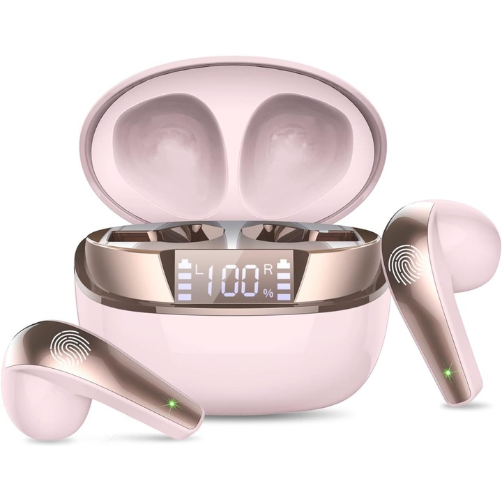 MOOD MINI True Wireless fülhallgató, Hi-Fi sztereó hang, Bluetooth 5.3, zajszűrés, intelligens érintésvezérlés, vokális asszisztens, HD mikrofon, Type-C, LED digitális kijelző, mágneses tok, Infusion Pink/Gold