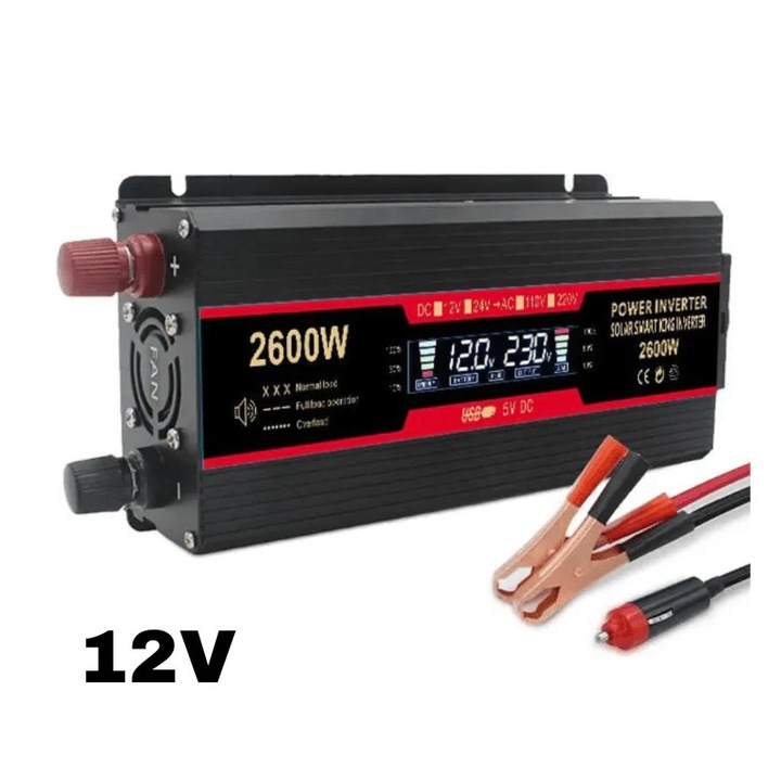 Invertor 12v 220v 2600w Unda modificata cu Display, 1 Iesire AC Protectie Scurtcircuit 2 USB, Adaptor Auto Inclus - 12V