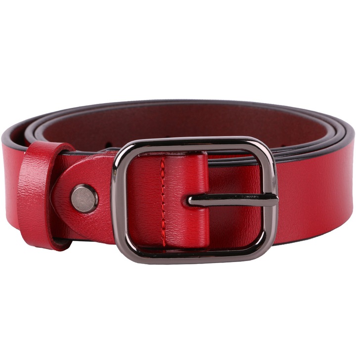 Curea pentru dama, din piele naturala, fara cusaturi, catarama argintie, JOLAR., BZ-38, Rosu