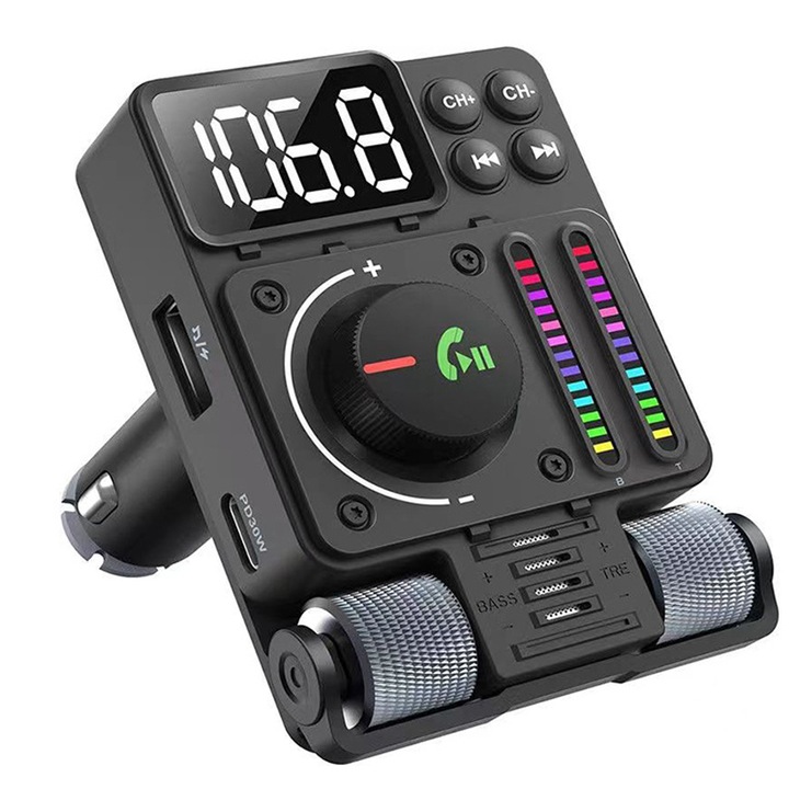 Modulator FM, Bluetooth 5.3, Functie de incarcator auto, Type C 30W, Lampa ambientala cu efect de pulsare, Ajustare Bass/Inalte/Volum, HiFi Player, Compatibil cu asistentii vocali, Reglabil, Negru