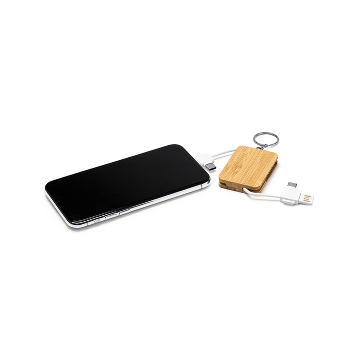 USB Type C зарядно ключодържател, Mycro USB, Lightning кабел, 3 в 1 с бамбукова дървена кутия