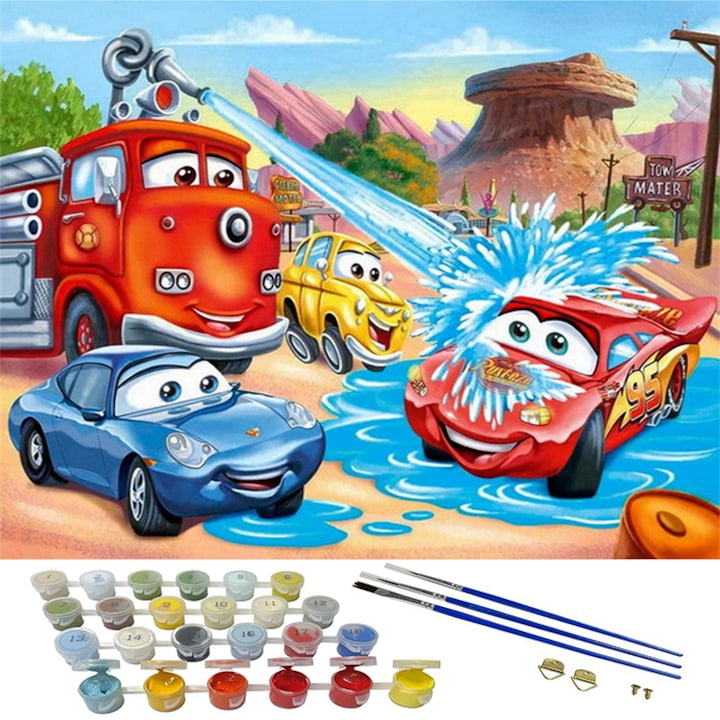 Set Tablou Pictura pe Numere AKU pentru copii "Cars", Panza Bumbac pe Rama de Lemn, cu Pensule si Culori acrilice, 20x30 cm, AK5775