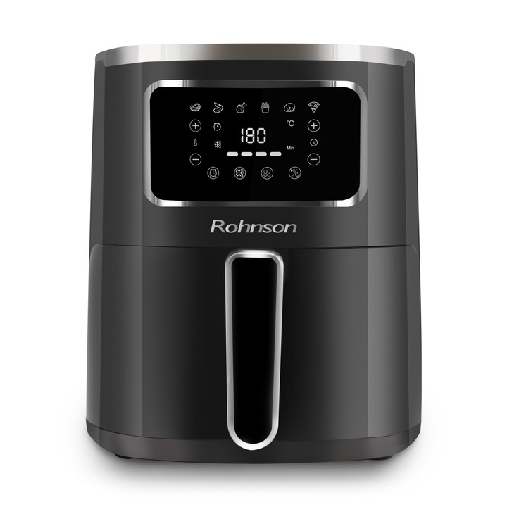 Friteuza cu aer cald Rohnson R2802,1450W, 5 L, Panou digital, 8 programe automate, timer 60 min, 80-200 °C, maner termoizolat, protectie supraincalzire, oprire automata, semnal sonor