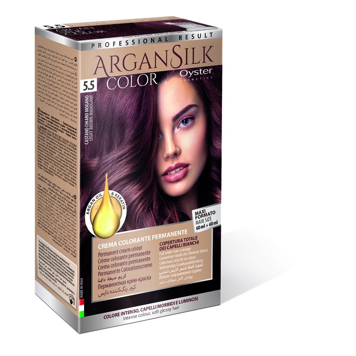 Vopsea de par permanenta cu amoniac si ulei de argan&kertatina, Oyster Cosmetics 5.5 Maro Deschis Mahon, Maxi Size 60 ml + 60 ml