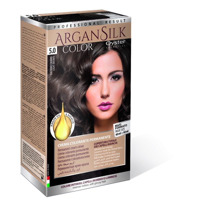 Vopsea de par permanenta cu amoniac si ulei de argan&kertatina, Oyster Cosmetics 5.0 Maro Deschis, Maxi Size 60 ml + 60 ml