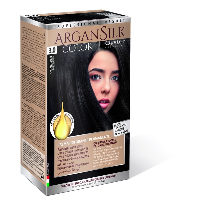 Vopsea de par permanenta cu amoniac si ulei de argan&kertatina, Oyster Cosmetics 3.0 Maro Inchis, Maxi Size 60 ml + 60 ml