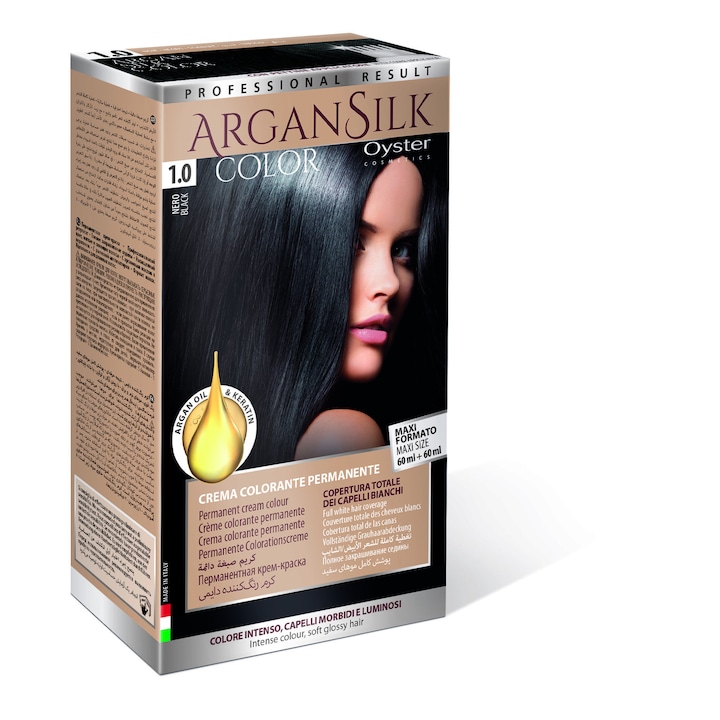 Vopsea de par permanenta cu amoniac si ulei de argan&kertatina, Oyster Cosmetics 1.0 Negru, Maxi Size 60 ml + 60 ml