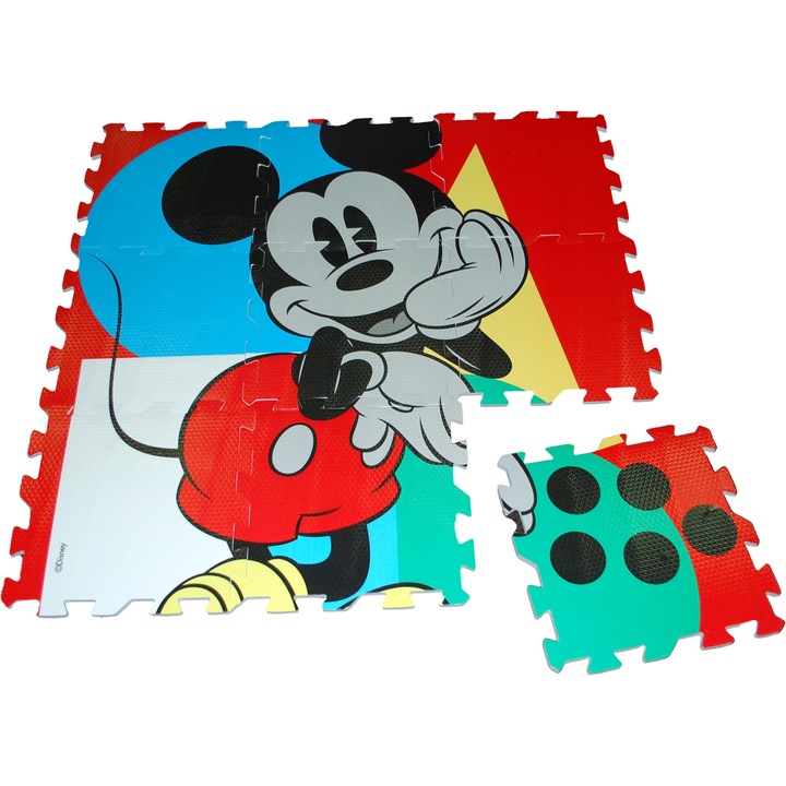 Covoras puzzle, Spuma EVA, Imagine Mickey Mouse, 90x90 cm, Multicolor
