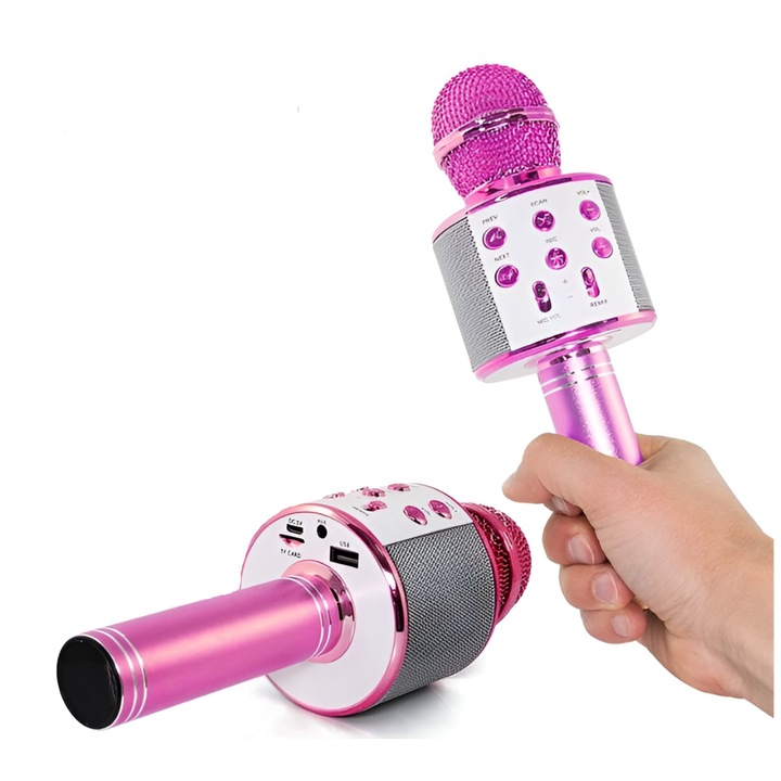 Microfon Karaoke Neo™ de copii Wireless, Boxa integrata, Card SD, multifunctional, stereo, Roz