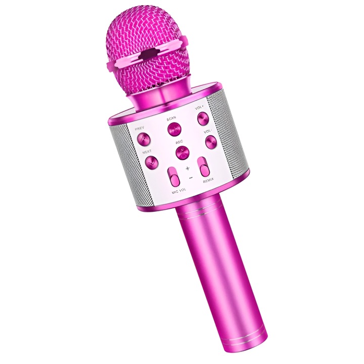 Microfon Karaoke Neo™ de copii Wireless, Boxa integrata, Card SD, multifunctional, stereo, Roz