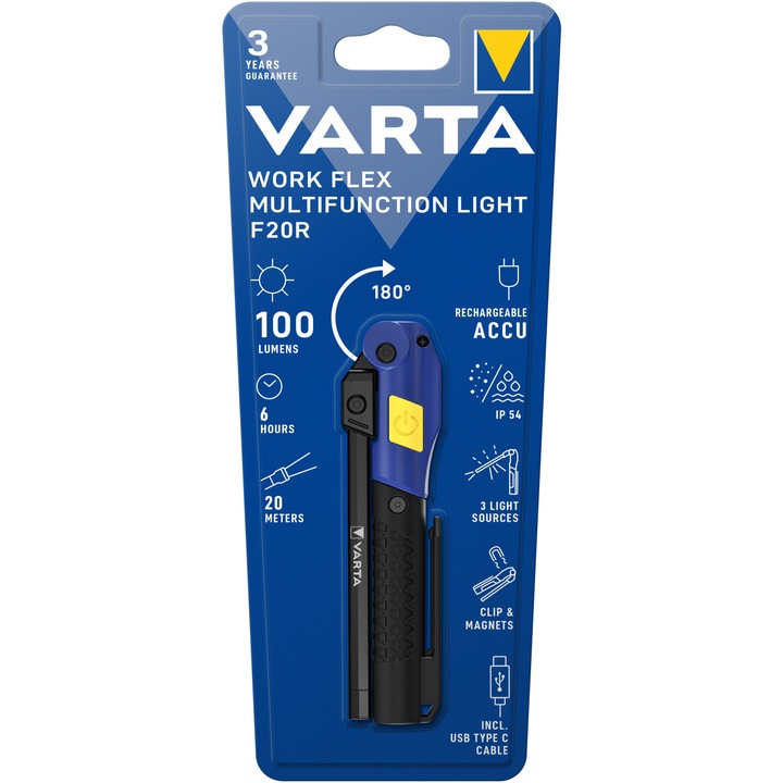 LED фенер Varta Work Flex Multifunction Light F20R, Презареждаем, USB-C, 100 lm, 3 източника на светлина, IP54