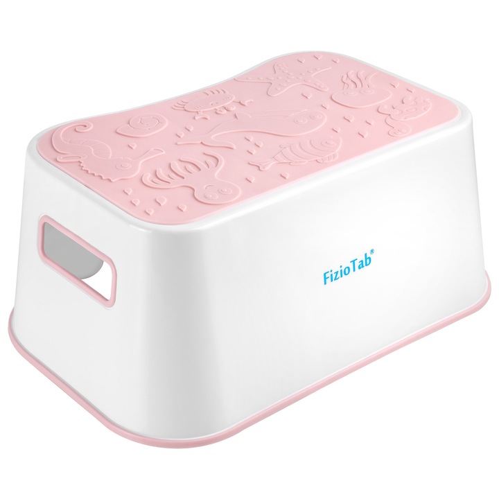 Scaunel Inaltator FizioTab® Ocean cu Suprafata Antialunecare si Manere, tip Taburet, Utilizare la Chiuveta, Baie sau in Bucatarie, Roz