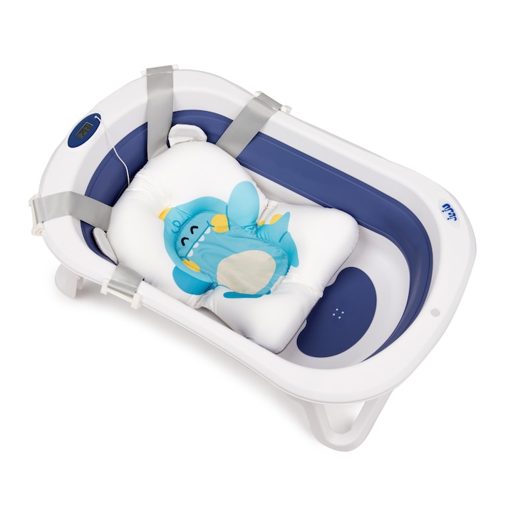 Бебешко корито Juju AquaSplash, 0+ месеца, сгъваемо, с подвижна възглавница, вграден електронен термометър, пробка за източване, противоплъзгащи крачета, ергономичен дизайн, синьо