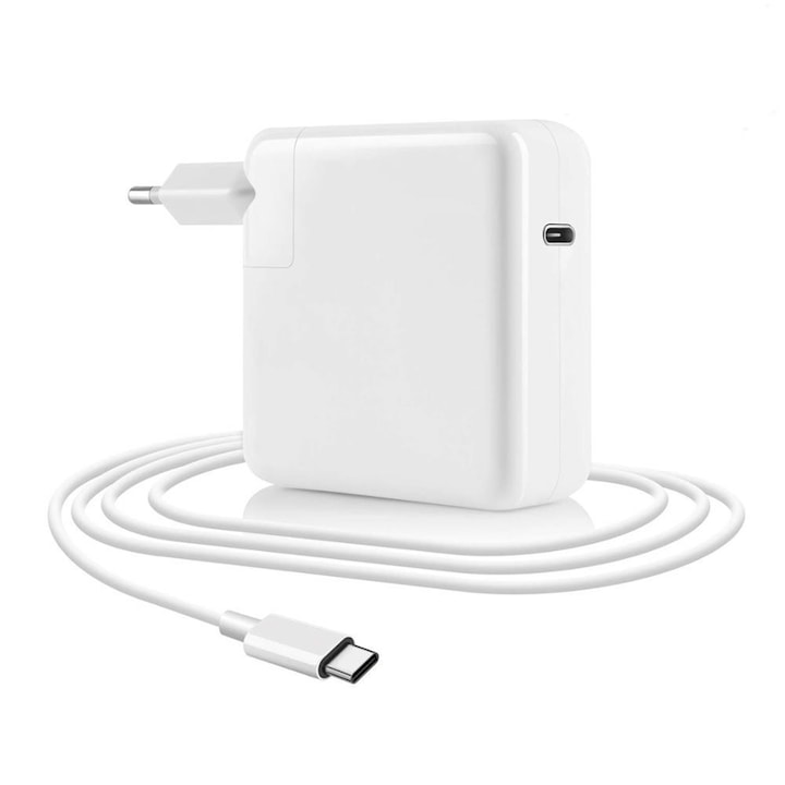 Зарядно за MacBook, NUODWELL, С USB-C към USB-C кабел 2 метра, Съвместимо с MacBook Pro 13"/15"/MacBook Air 13"/MacBook 12"/Pro и други устройства с вход тип C, Пластмаса, 8 x 8 x 2,8 см, бяло