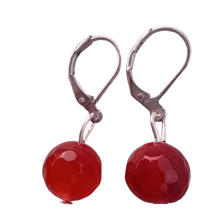 Karneol, fazettált, 1 golyós biztonsági fülbevaló, 10 mm, rozsdamentes acél, nikkelmentes, természetes ásvány, narancsos szín