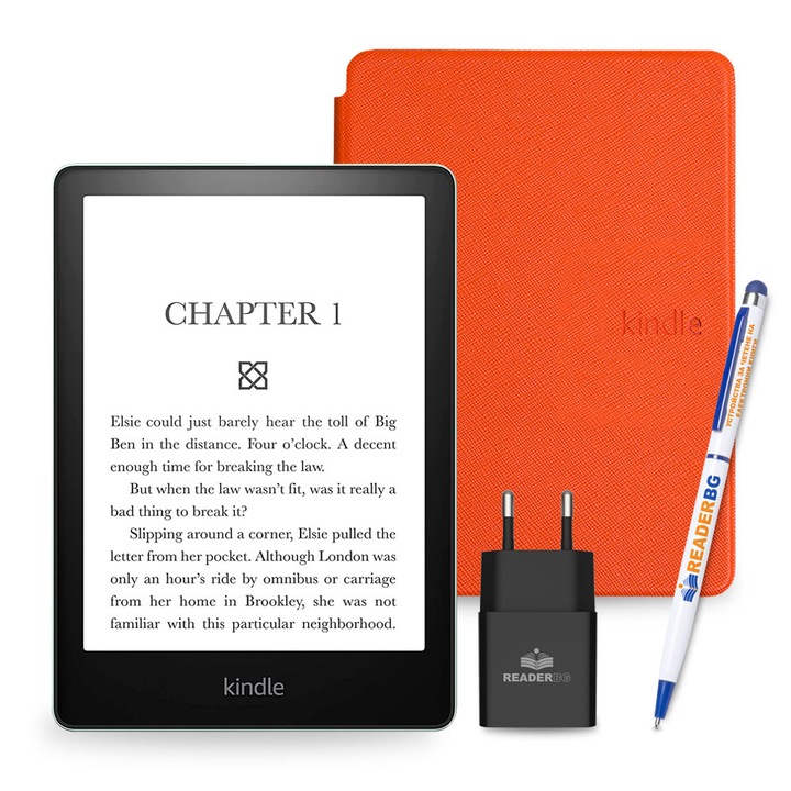 Комплект eBook четец Amazon Kindle Paperwhite 16GB, Зелен + Калъф Slim, Оранжев
